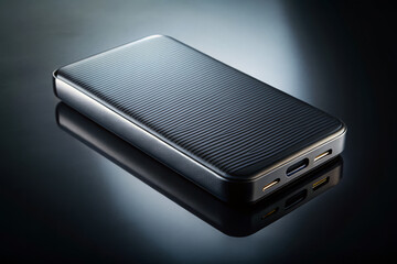 Power bank with sleek design, USB C ports, and reflective surface. Ideal for charging devices on go, showcasing modern technology and convenience