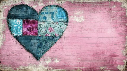 Fototapeta premium whimsical heart illustration with patchwork details, stitches, and fabric textures on a vintage pink background 