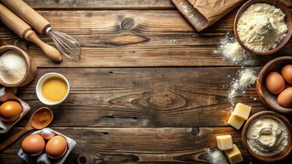 Old wooden table with flour, sugar, eggs and butter laid out on it