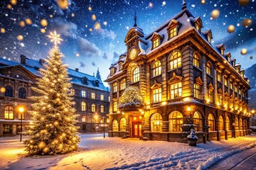 Obraz premium Festive Winter Background: Sparkling Snowflakes & Golden Lights on Architectural Building
