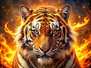 Obraz premium Fierce Tiger Face in Flames: Intense Wildlife Stock Photo