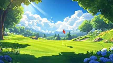 Vibrant Golf Course Illustration: Sunny Day, Lush Greens. AI Generated