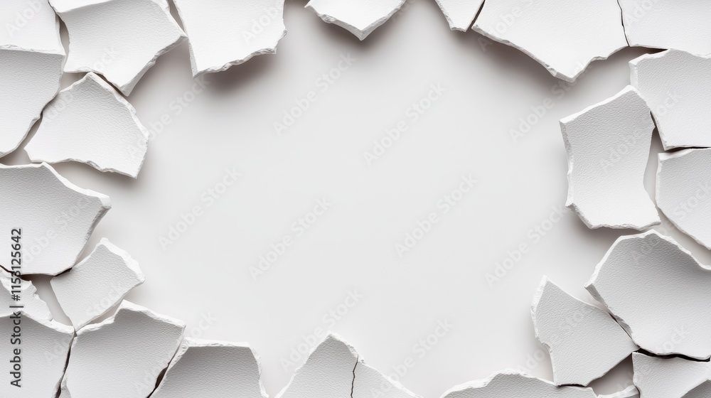 Poster minimalistic view of white wall with broken pieces creating frame, evoking sense of emptiness and po