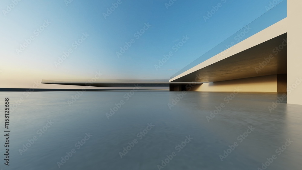 Poster 3d render of abstract modern concrete architecture with empty cement floor, minimal exterior, car pr