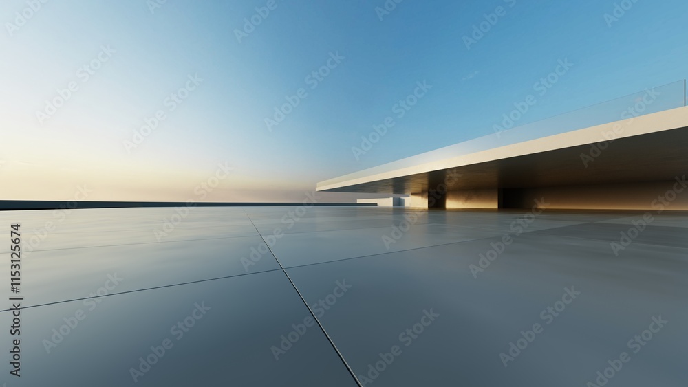 Poster 3d render of abstract modern concrete architecture with empty cement floor, minimal exterior, car pr