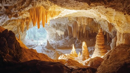 Majestic Cave Formations Illuminated By Sunlight