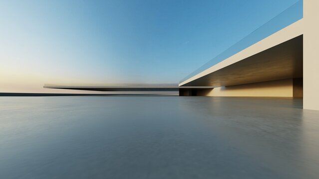 3d render of abstract modern concrete architecture with empty cement floor, minimal exterior, car presentation background