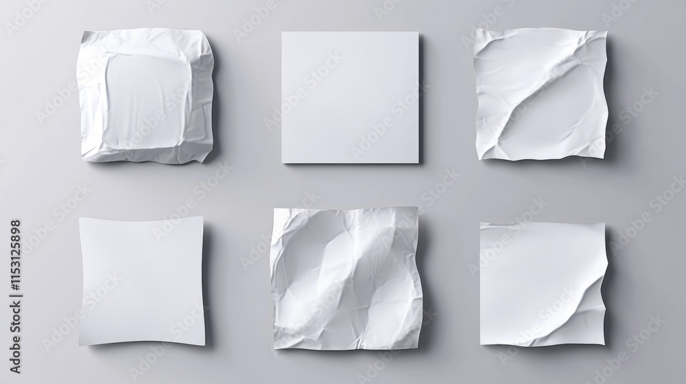 Poster white glued stickers, crumpled paper patches mockup. blank shrunken labels of square shapes with rou