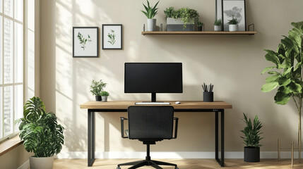 Empty office room with monitor on desk, chair, shelf with plants and black picture frames. Vector realistic interior of modern home workplace with computer screen and wooden table