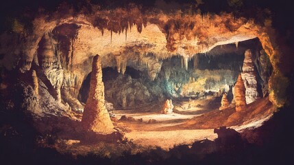 Majestic Cave Interior With Stalagmites And Stalactites