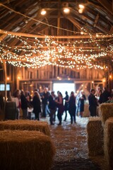 A rustic barn New Year’s Eve party with hay bales and string lights. Guests are dancing and celebrating