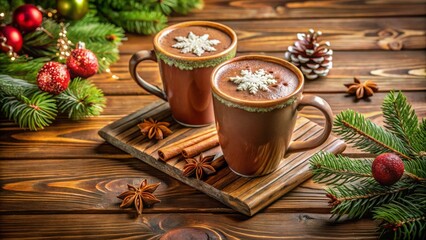 Two warm lattes with foamy milk and cinnamon on a wooden table surrounded by Christmas decorations and festive lights