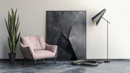 Pink armchair, abstract art, floor lamp in minimalist room.