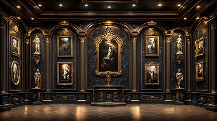 Elegant Black Gold Room Featuring Statues and Paintings
