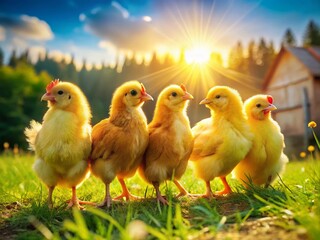 Naklejka premium Five Happy Yellow Chickens in a Barnyard - High-Resolution Stock Photo
