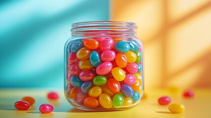 Jar filled with colorful jellybeans on a bright background.