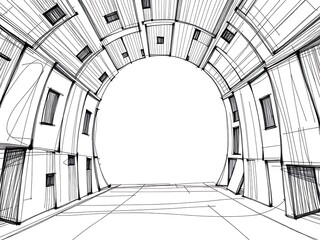 Intriguing Hand-Drawn Sketch: Abstract Architectural Tunnel Illustration. AI Generated