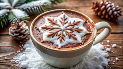 Festive Cappuccino with Cocoa Powder, Served in Ceramic Cup, Cozy Window with Snowflakes, Christmas and New Year Holiday Atmosphere