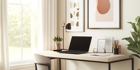 Modern Workspace with Sleek Laptop, Potted Plant, and Minimalistic Decor on Clean Desk