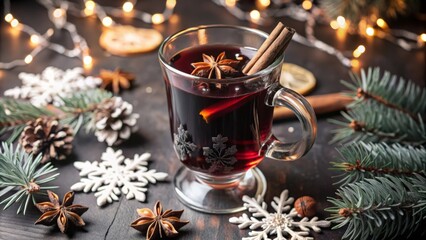 Festive Glass of Mulled Wine with Orange Slices, Cinnamon Sticks, and Star Anise, Steaming Winter Drink Surrounded by Christmas Decorations and Snowy Evening Backdrop