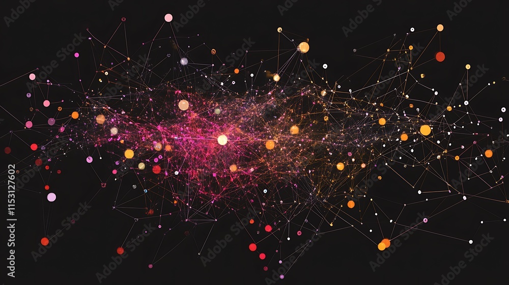 Poster abstract network of interconnected dots lines with colors are mostly pink orange dark tones.