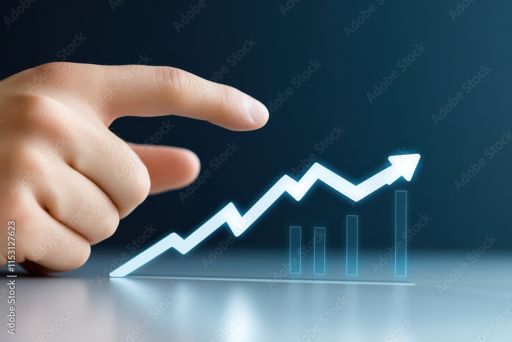 Poster hand pointing at glowing upward graph symbolizing growth and success. this conveys sense of progress