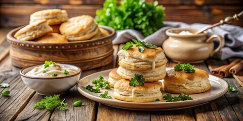 Fototapeta premium Fluffy Southern Biscuits & Creamy Sausage Gravy Brunch - Stock Photo