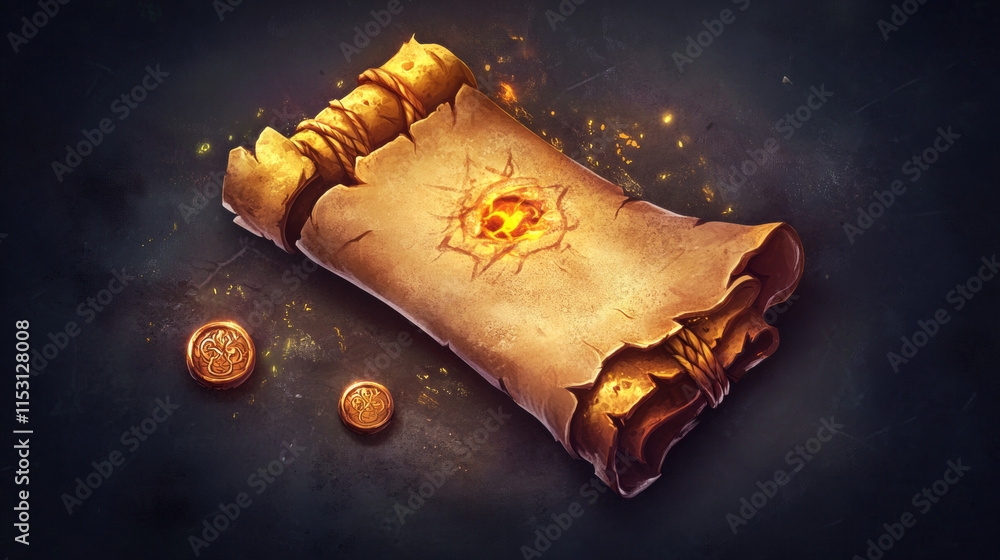 Poster old magic parchment paper scroll game ui icon. ancient medieval papyrus roll frame for fantasy fairy