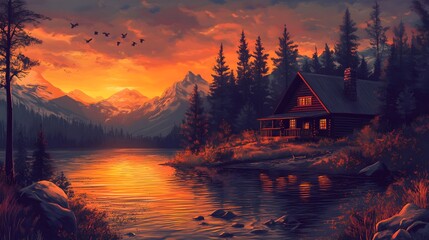 Fototapeta premium Mountain Cabin Sunset Lakeside Serenity