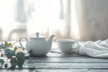 Fototapeta premium White Ceramic Teapot and Cup on Rustic Wooden Table with Eucalyptus Leaves and Natural Light