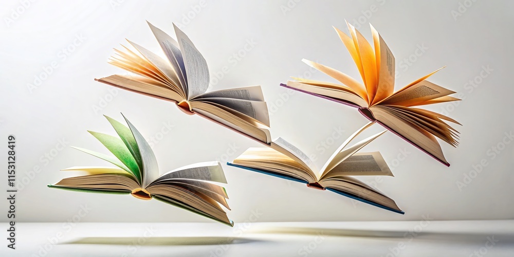 Aufkleber four open empty books flying forward - minimalist imagination concept