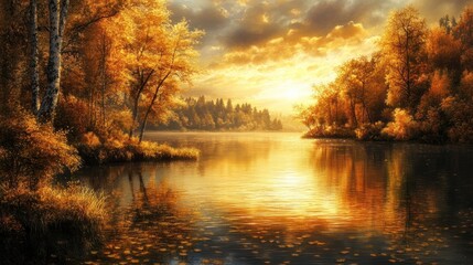 Autumnal Tranquility: Golden Sunset Over a Calm Lake