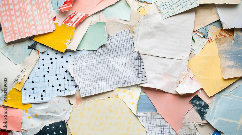 Poster collection of torn paper pieces with different patterns - lined, dotted, gridded and blank sheets in