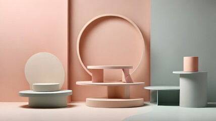 Abstract podiums with minimalist designs, shadow play, and pastel tones, crafted for clean and stylish product displays.
