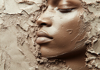 Clay cosmetic texture on the background, close-up. Background of smudged cream for face or body mask. Close-up of a pink creamy swatch.