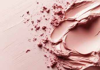 Pink clay cosmetic texture on the background, close-up. Background of smudged cream for face or body mask. Close-up of a pink creamy swatch.