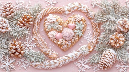 Obraz premium gentle illustration heart with snowflakes on a soft winter pink background 