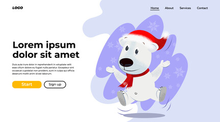 Cheerful dog in red scarf and Santa hat dancing, jumping and having fun. Christmas concept. Vector illustration can be used for web banner or landing page design