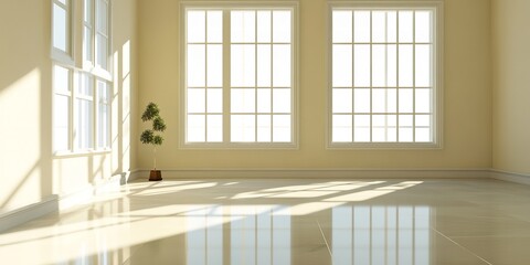 Spacious Modern Interior with Sunlight and Window Shadows on Walls and Polished Floor