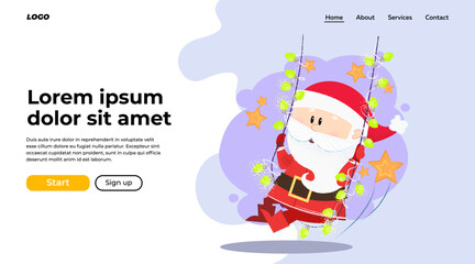 Fototapeta premium Cheerful Santa swinging on string of lights. Celebration and fun concept. Vector illustration can be used for banner design or landing page