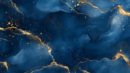 Luxurious abstract blue marble texture with shimmering gold splashes on rich blue background for elegant design and high-end creative projects