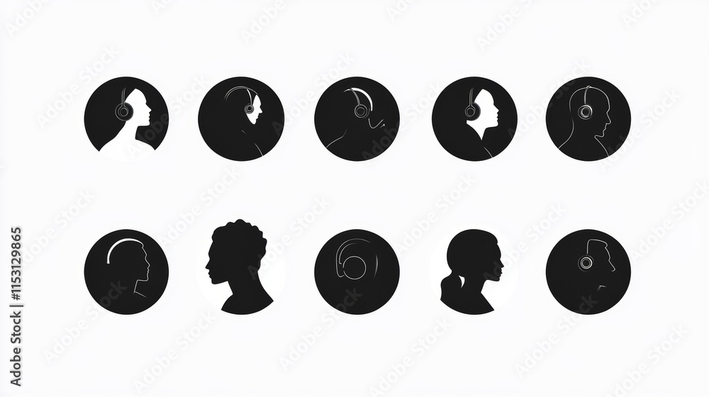 Poster customer support service operators avatars in black circles. vector flat icons set of call center, h