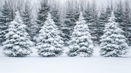 Obraz premium Four Snow-Covered Evergreen Trees in a Snowy Forest