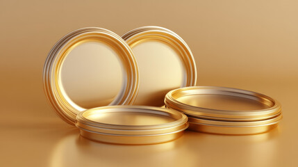 Realistic set of open and closed golden cloche food trays isolated on transparent background. Vector illustration of round 3D platter with bell lid. Restaurant equipment for elegant serving of dinner