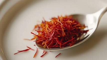 Fototapeta premium Close-up of Saffron Spice in a Teaspoon on a White Plate