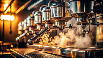 low angle view of professional coffee machine, showcasing steam and shiny metal components, creating serene and inviting atmosphere in cafe