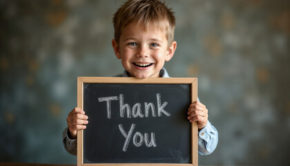 Smiling boy holding Thank You board on blurred neutral background.Gratitude. Father's Day cards, Mother’s Day 