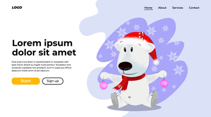 Joyful cartoon dog in Santa hat holding Christmas baubles. Celebrating concept. Vector illustration can be used for banner web design, landing page