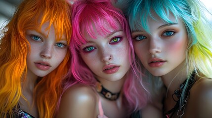 Naklejka premium Three young women with colorful hair and bold makeup close-up