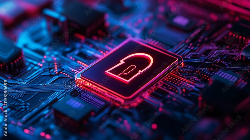 Poster Close-up of a circuit board with a glowing padlock symbol for representing digital security data protection concept.